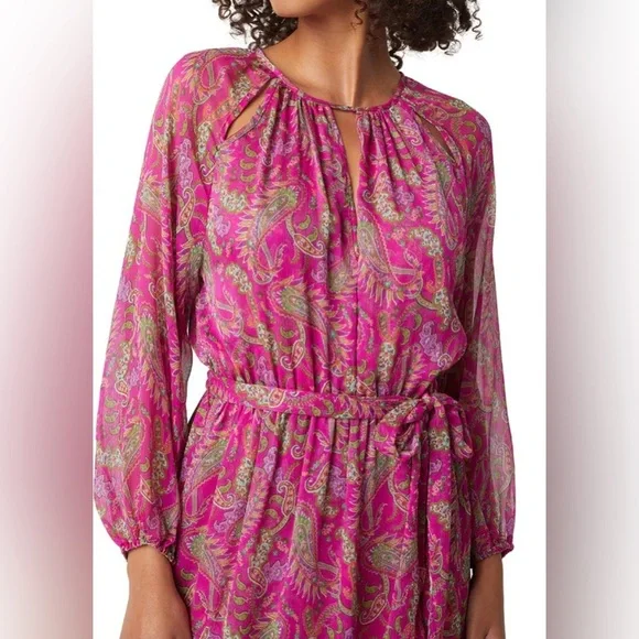 MISA Los Angeles Leila Fuchsia Paisley Chiffon Midi Dress | XS (Fits Small) - Picture 3 of 8